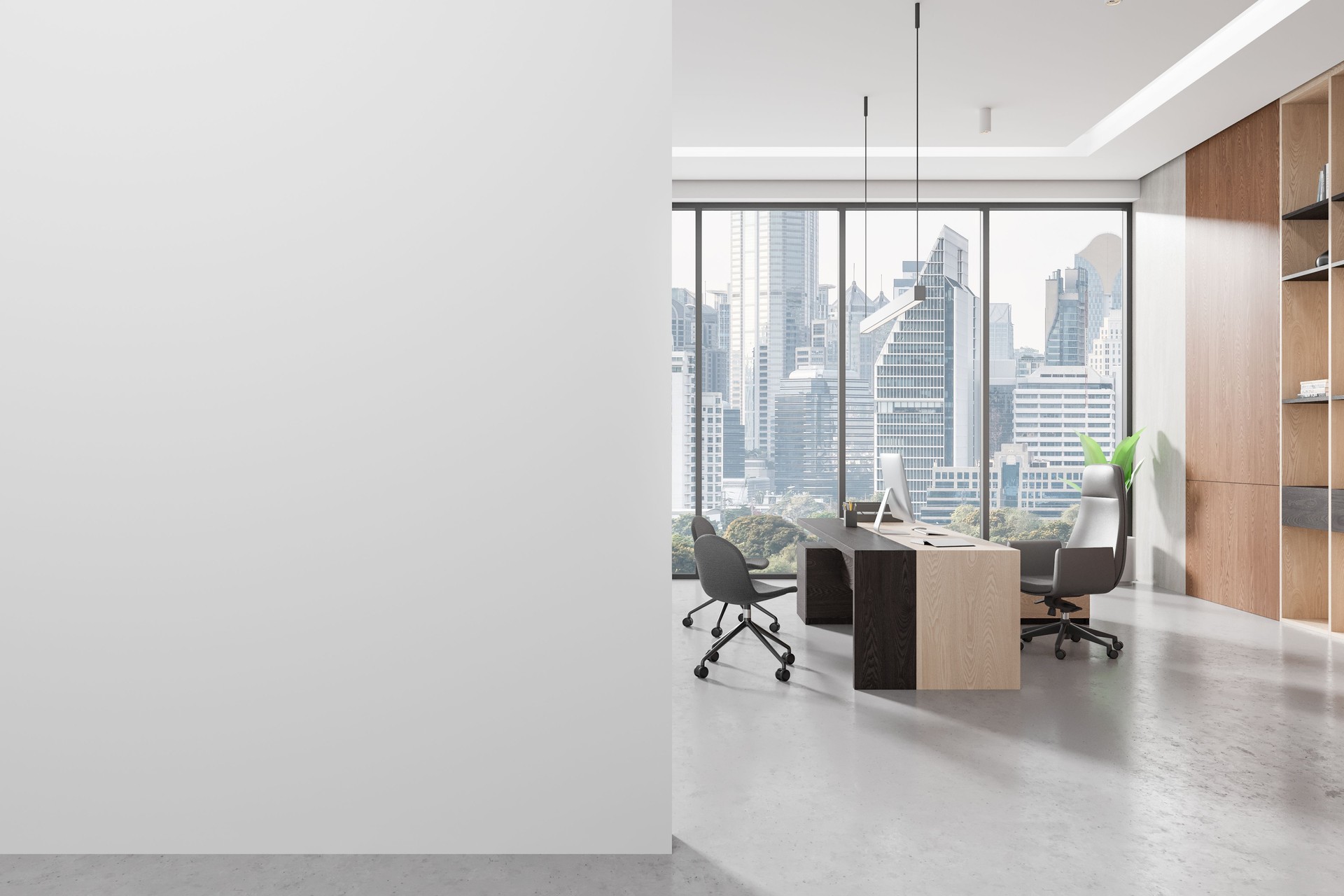 Office workspace interior with ceo desk and shelf, panoramic window. Mockup wall