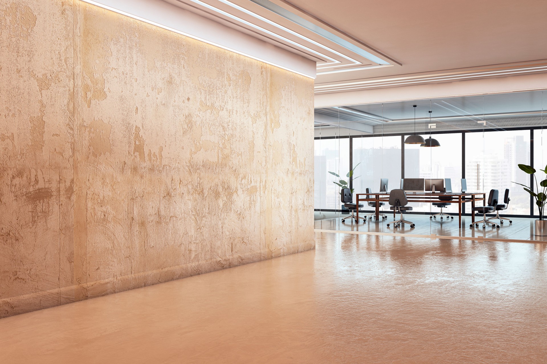 Modern corridor with textured wall and view of glass-walled office meeting room with chairs and computers in a bright workspace interior setup. 3D Rendering