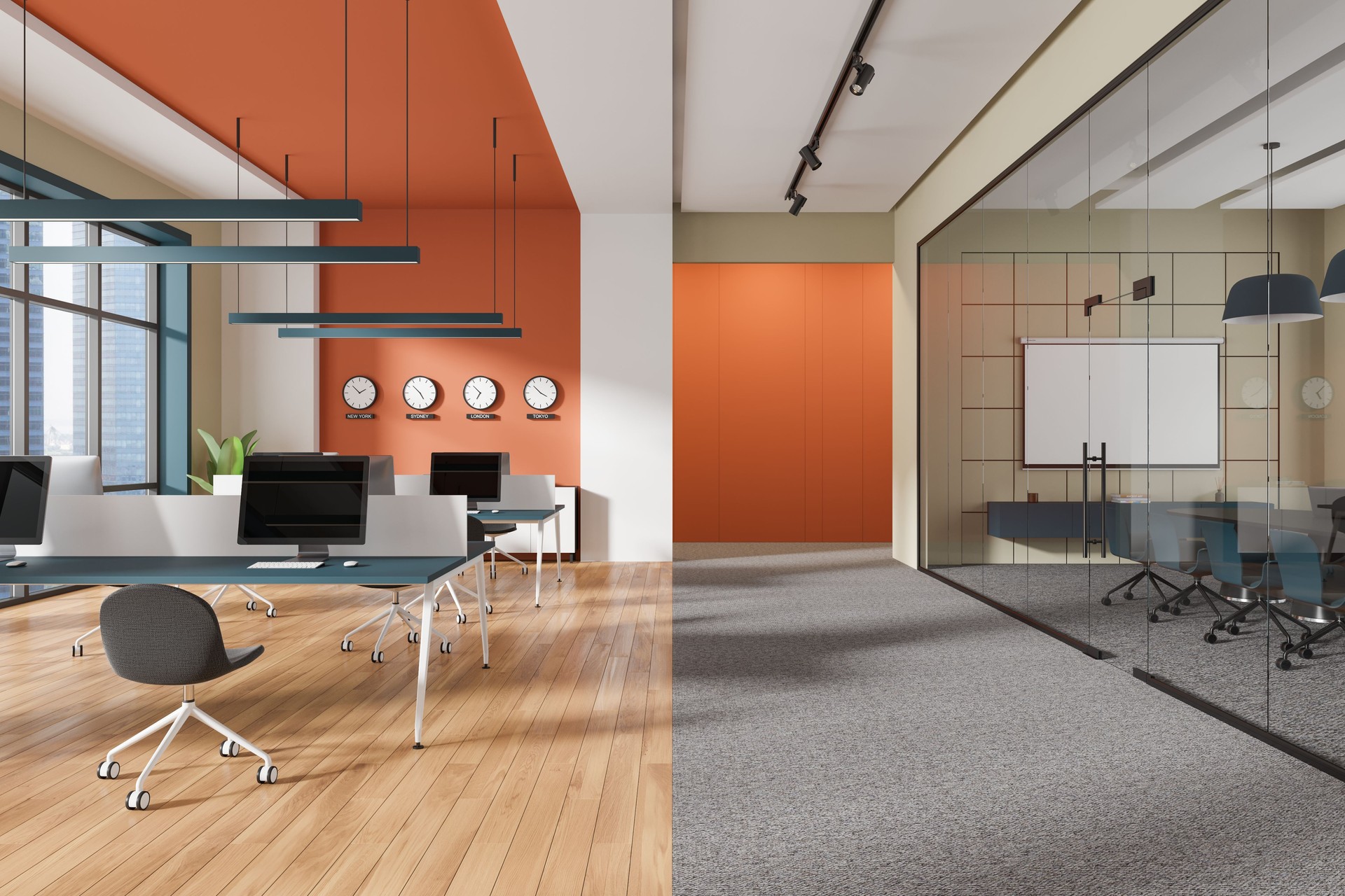 Colored office interior with coworking and conference zone, panoramic window