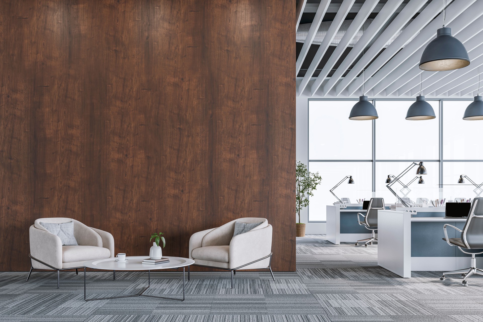 Modern Office Interior with Dark Wood Wall and Lounge Area with decoration