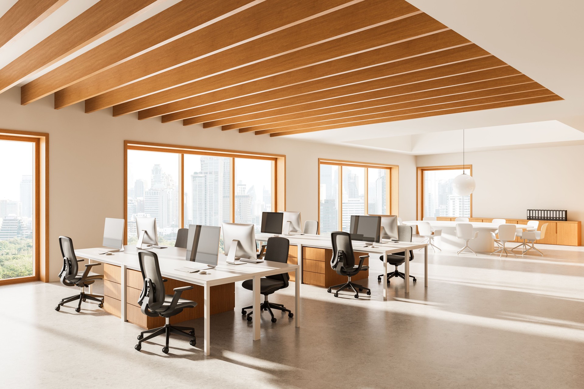 Modern open space office interior with wooden elements, white desks, and ergonomic chairs in a bright setting with city view windows. 3D Rendering